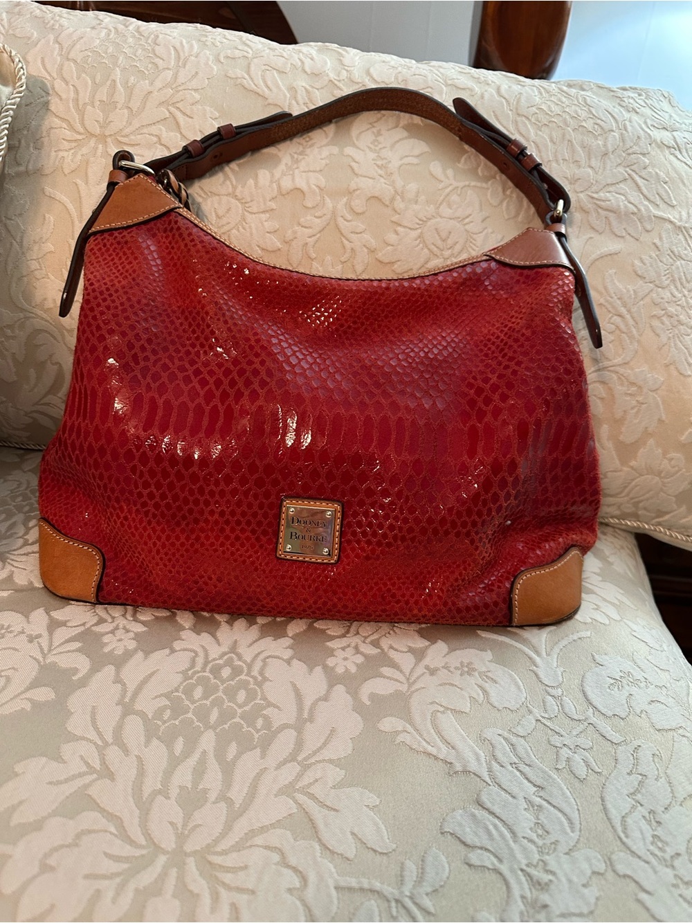 Dooney & Bourke Red Snakeskin-Effect Hobo with Tan Trim